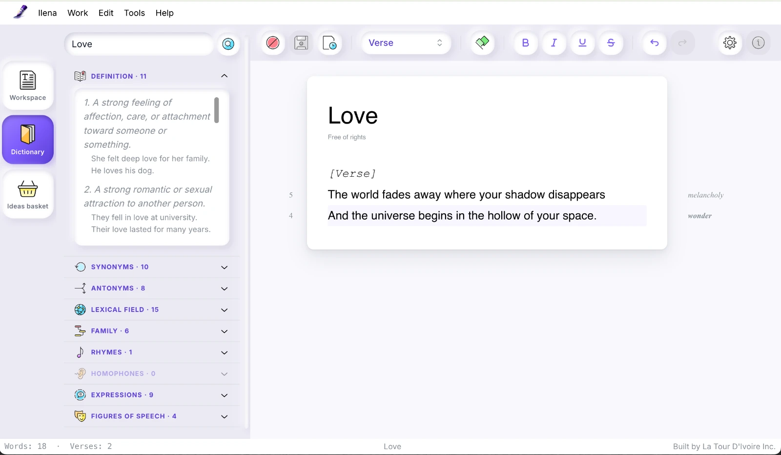 Ilena at work: the dictionary open on a word, syllables in the margin and the emotion of each line