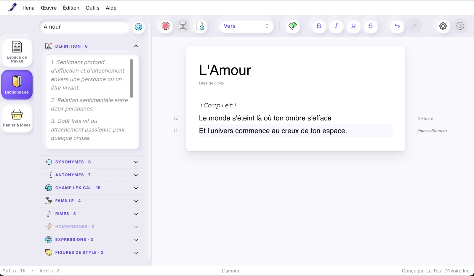 Ilena en action : le dictionnaire ouvert sur un mot, les syllabes en marge et l’émotion de chaque vers