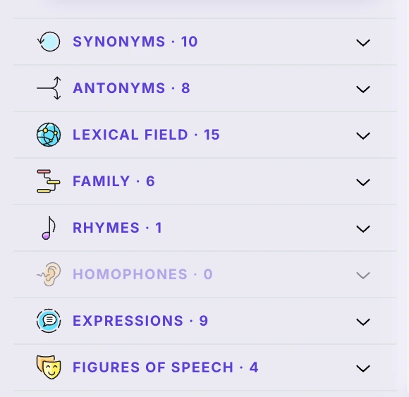 Ilena’s dictionary column: synonyms 8, antonyms 7, lexical field 15, family 4, rhymes 3, homophones 0, idioms 3, figures of speech 2