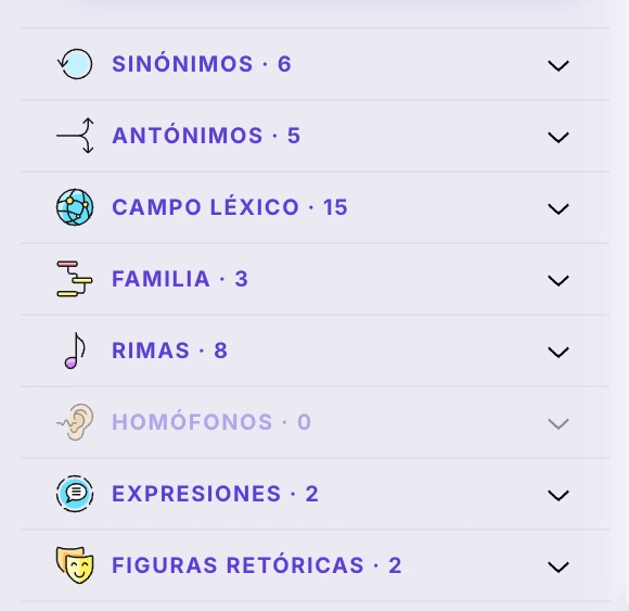 La columna de diccionarios de Ilena: sinónimos 8, antónimos 7, campo léxico 15, familia 4, rimas 3, homófonos 0, expresiones 3, figuras retóricas 2