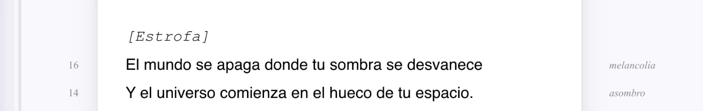 Dos versos en Ilena, cada uno con su recuento de sílabas al margen — 12, 12 — y la emoción detectada al lado: tristeza, asombro