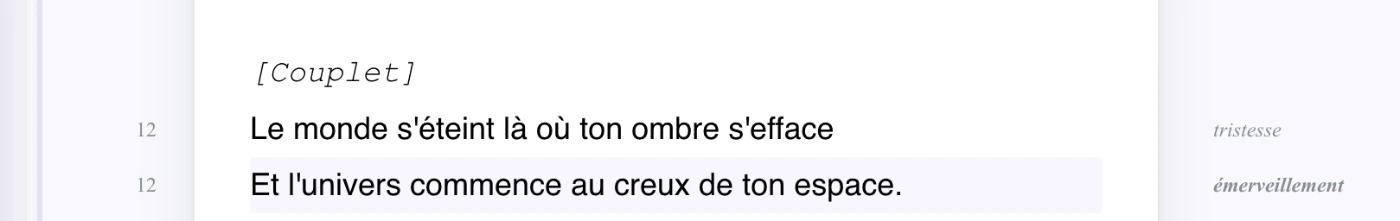 Deux vers dans Ilena, chacun avec son compte de syllabes en marge — 12, 12 — et l’émotion détectée en regard : tristesse, émerveillement