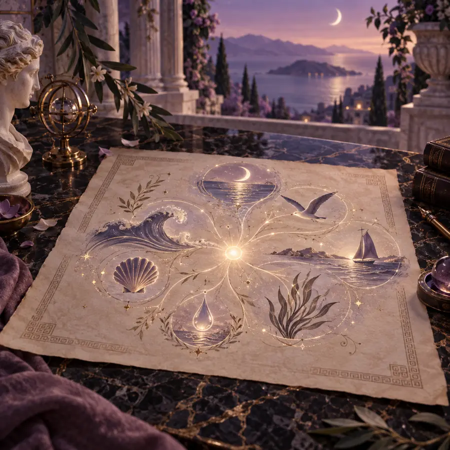 A parchment where lines of light join a wave, a shell, a gull, a sail and a drop — one world around a single centre