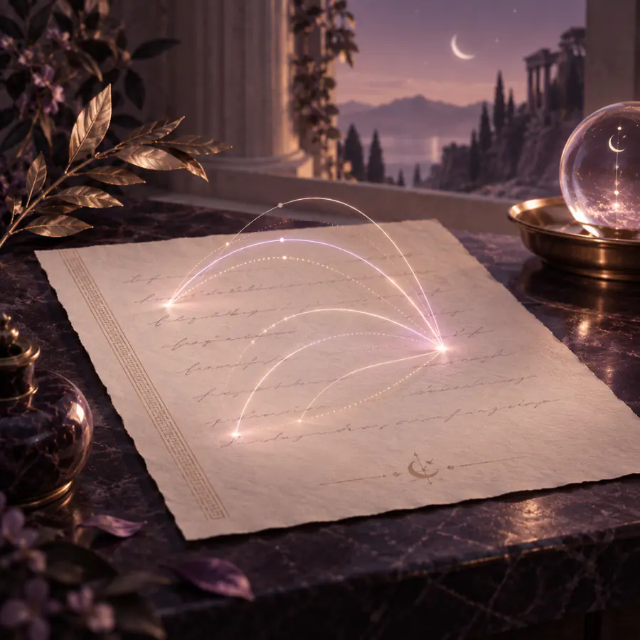 A handwritten page on marble, arcs of light linking the words that rhyme