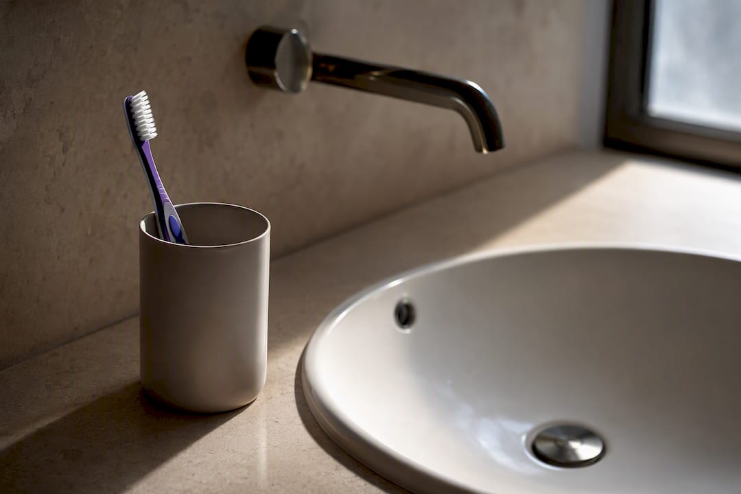 Toothbrush beside an empty sink