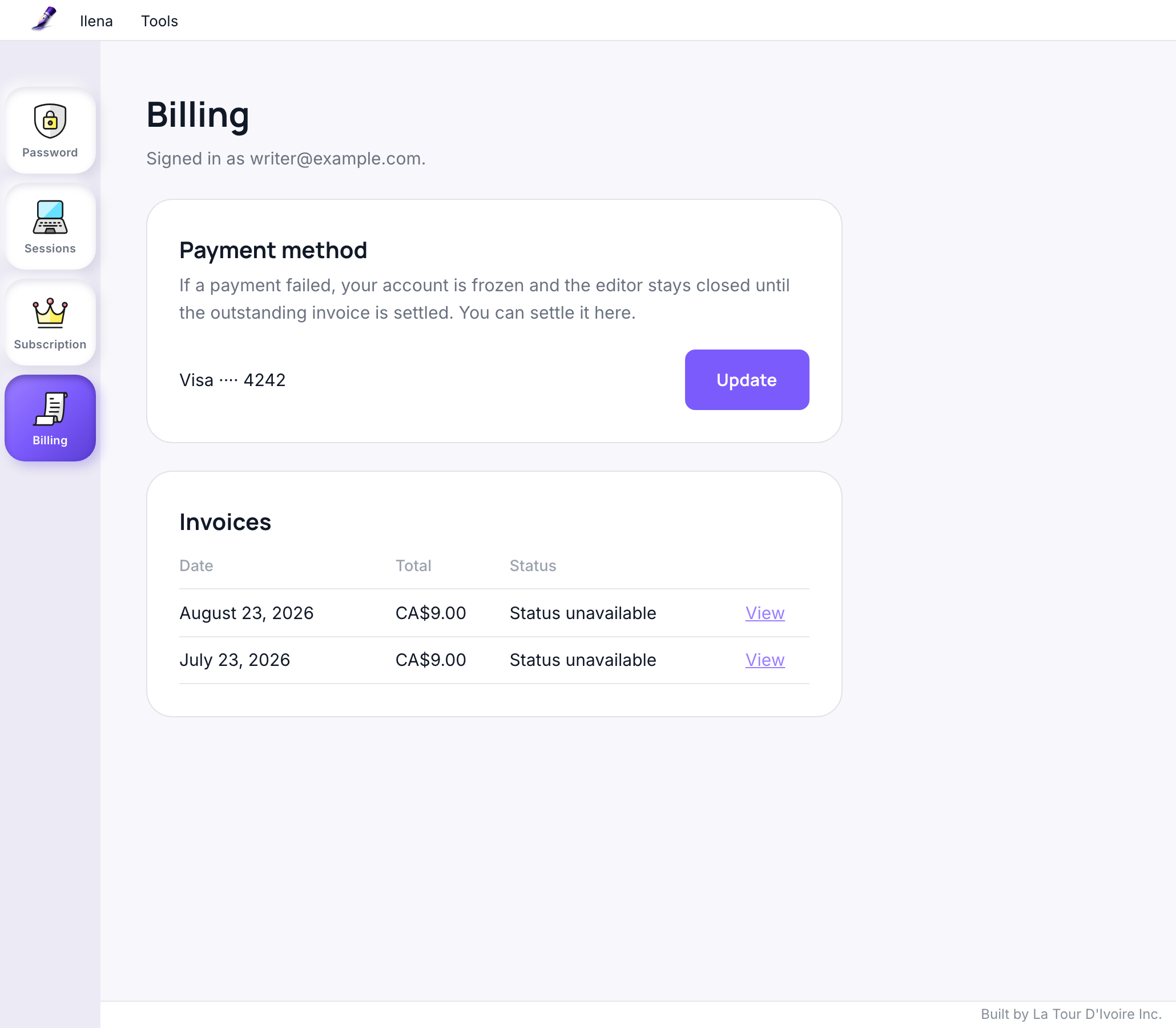 The account page's Billing section, showing the payment method label with an Update button, and an invoices table listing date, total and status with a View link