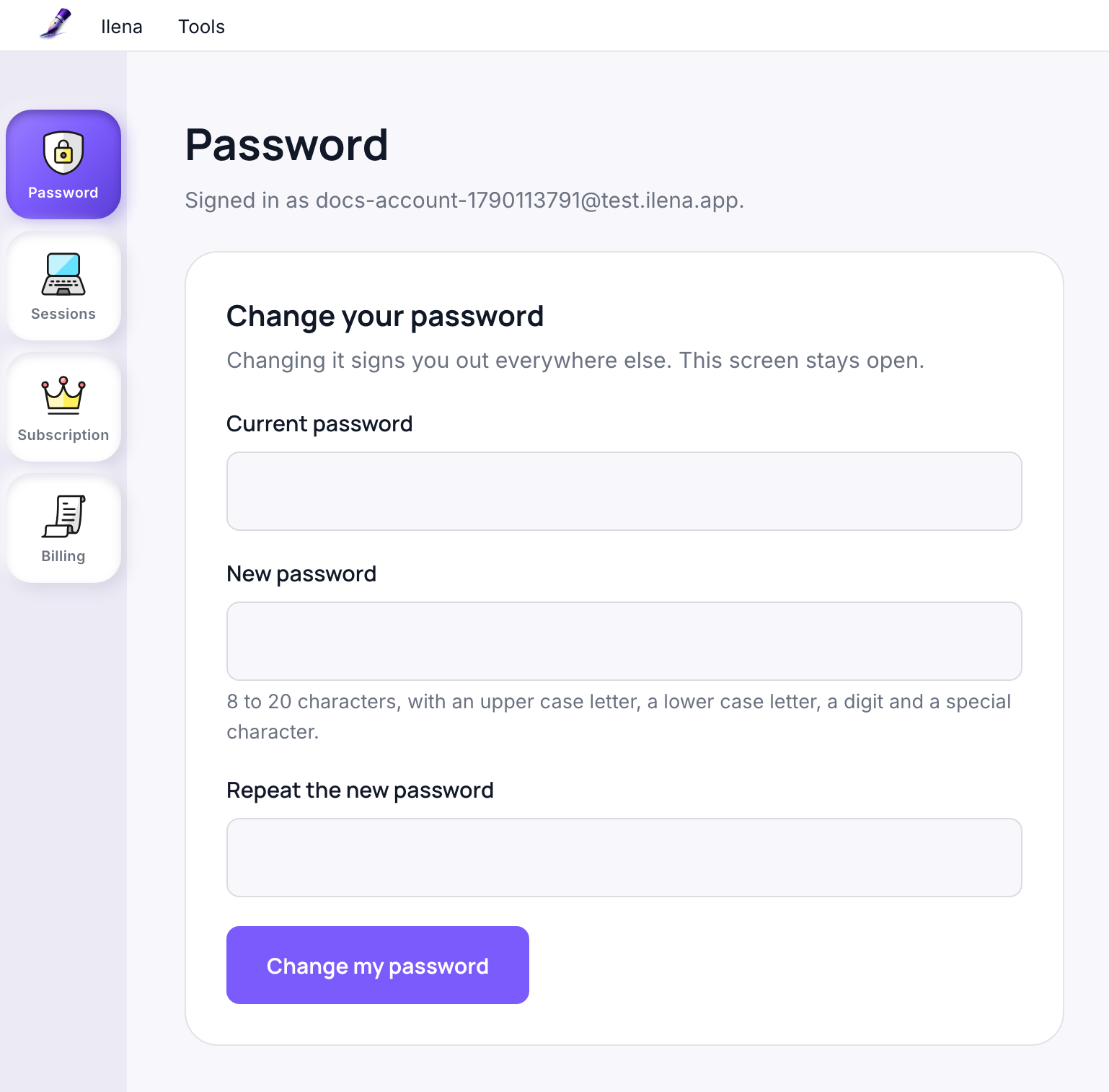 The account page on its Password section, with the Password, Sessions, Subscription and Billing sections down the left and the Ilena and Tools menus at the top.