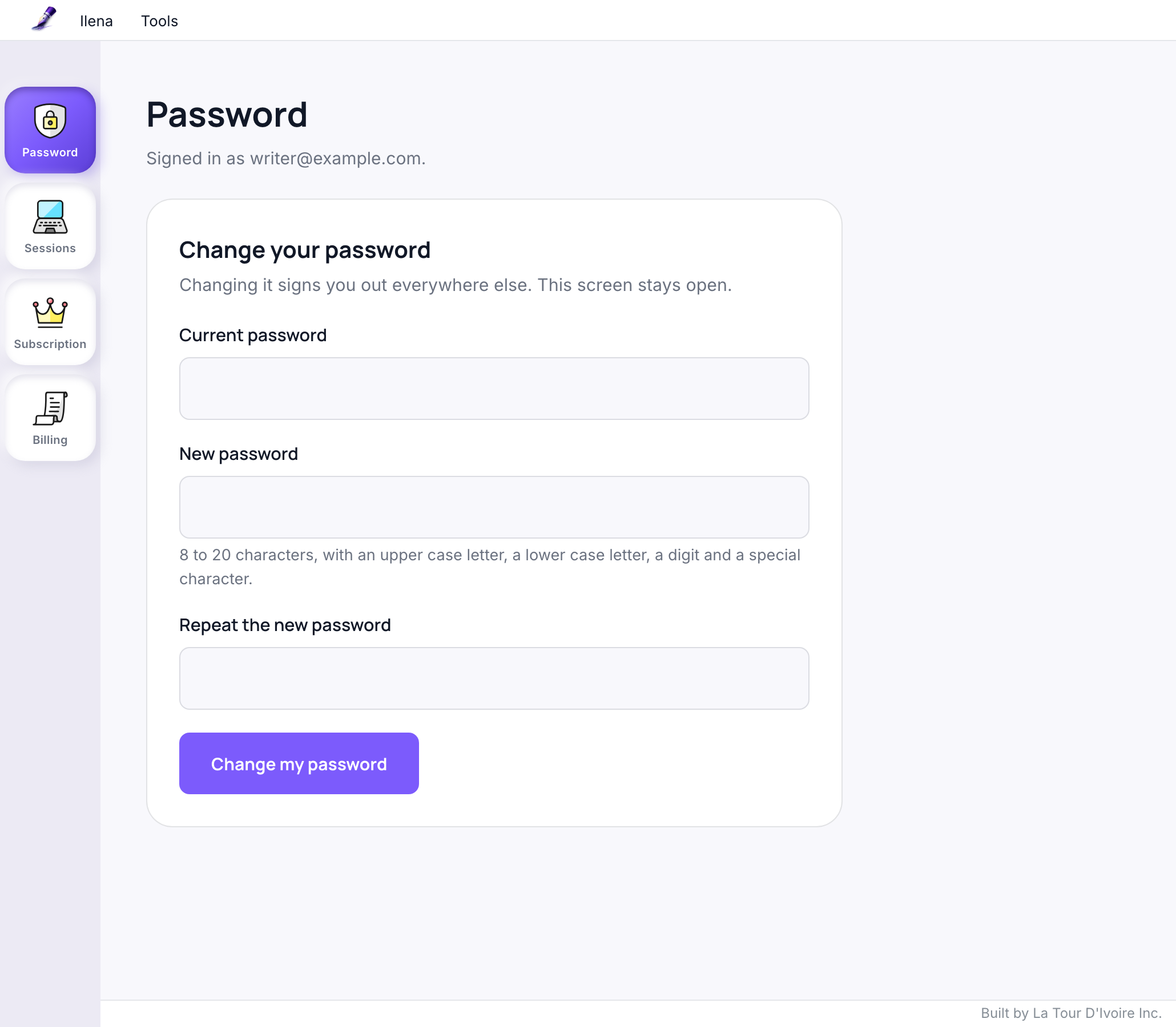 The account page's Password section, with fields for the current password, the new one and its repeat, the length and character rule under the new-password field, and a Change my password button
