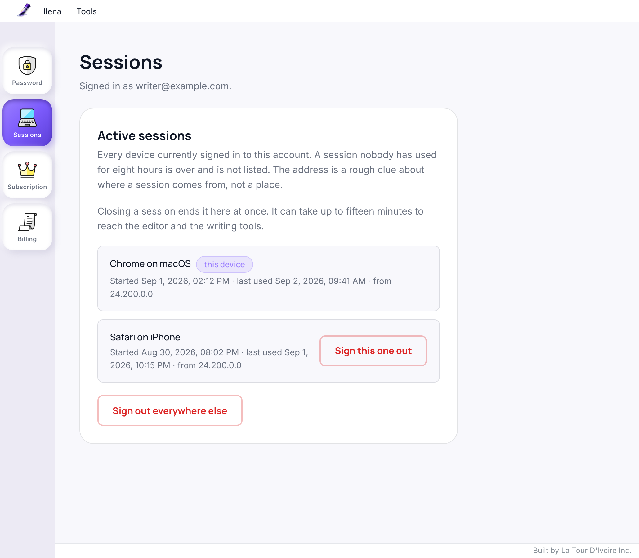 The account page's Sessions section, listing each signed-in session with its device, when it started, when it was last used, and an approximate address, the current one marked and a Sign this one out button on the others