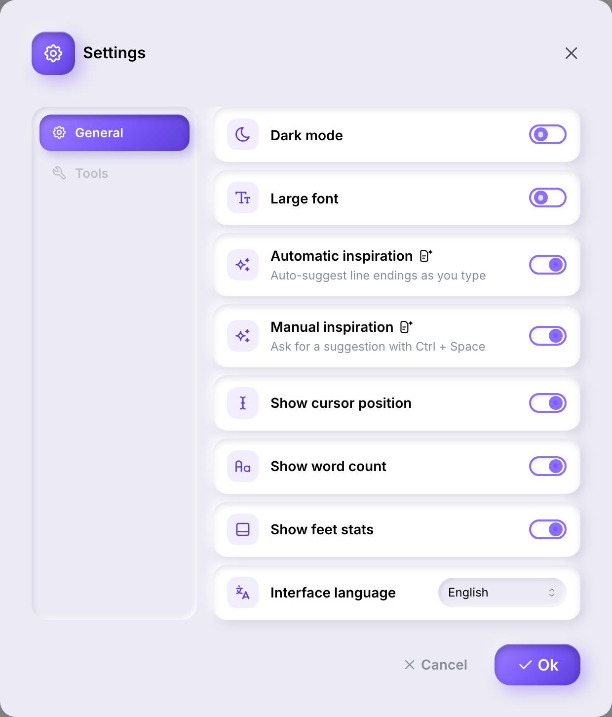 The Settings dialog's General tab, listing dark mode, large font, automatic and manual inspiration with a generated-content badge, the three status-bar toggles, and the interface language selector