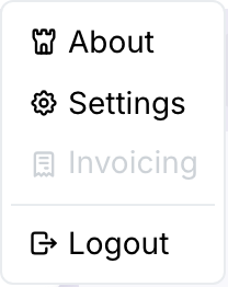 The Ilena menu, with About, Settings, and Logout enabled and Invoicing shown greyed out and disabled