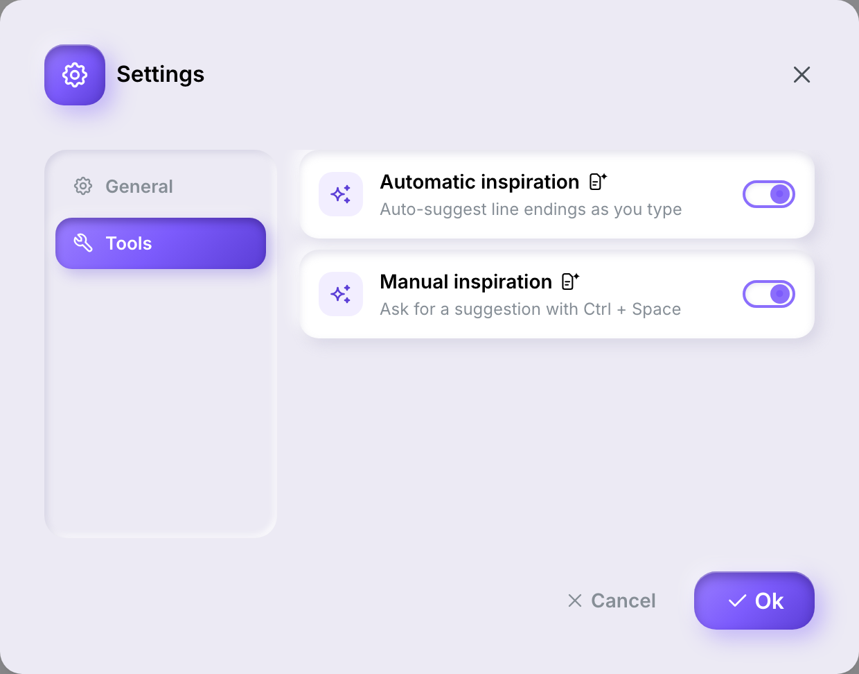 The Settings dialog's Tools tab, listing automatic and manual inspiration, each with a generated-content badge