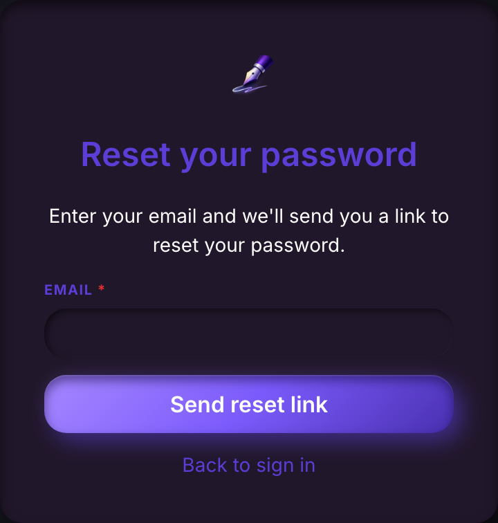 The reset-your-password page, asking for an email address and offering to send a reset link