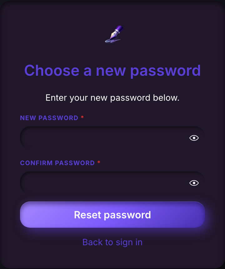 The choose-a-new-password page, with fields for a new password and its confirmation