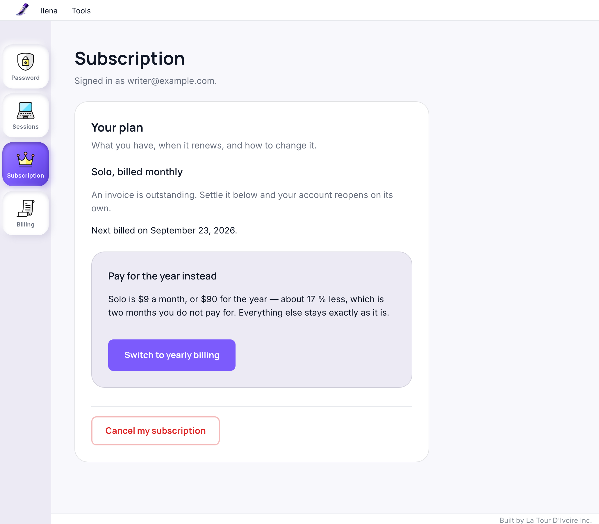 The account page's Subscription section, showing Solo billed monthly, the next billing date, a Pay for the year instead card with a Switch to yearly billing button, and a Cancel my subscription button