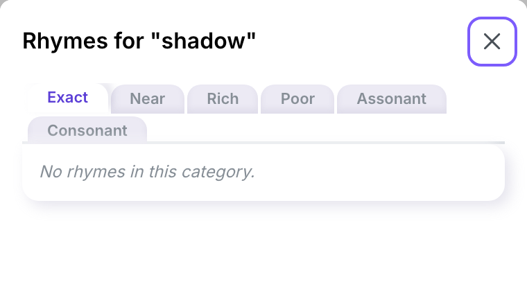 The Rhymes for word panel, showing the Exact, Near, Rich, Poor, Assonant, and Consonant tabs