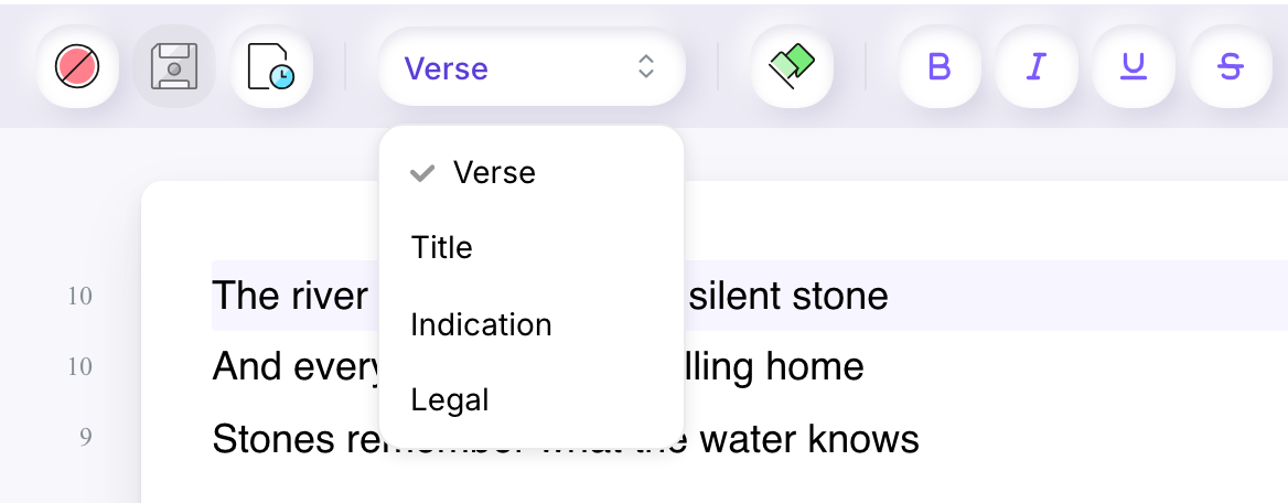 The Line type list open in the toolbar, offering Verse, Title, Indication and Legal, with Verse ticked.
