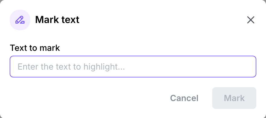 The Mark text dialog, with an empty Text to mark field and the Cancel and Mark buttons.