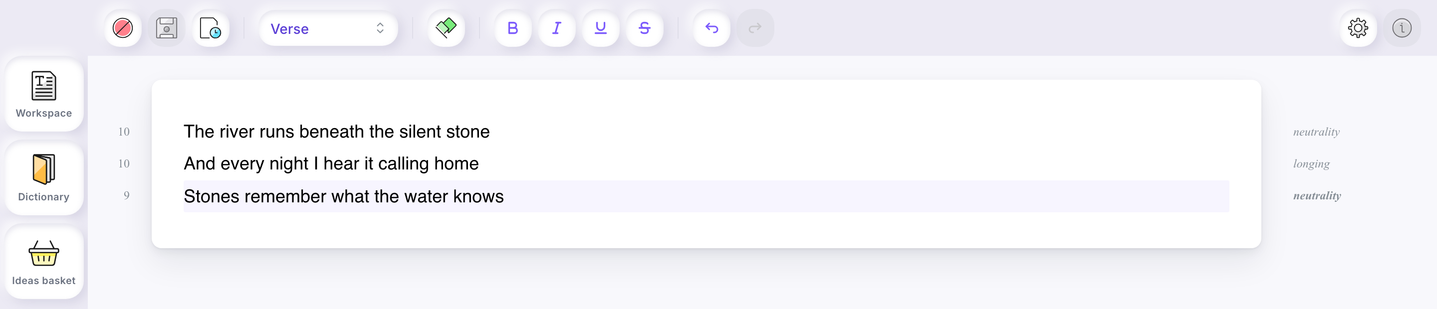 The editor toolbar above three verse lines, with a feet count to the left of each line and an emotion word to the right.