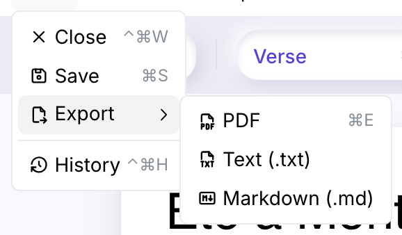 The Work menu with Export expanded into a submenu offering PDF, Text (.txt), and Markdown (.md)