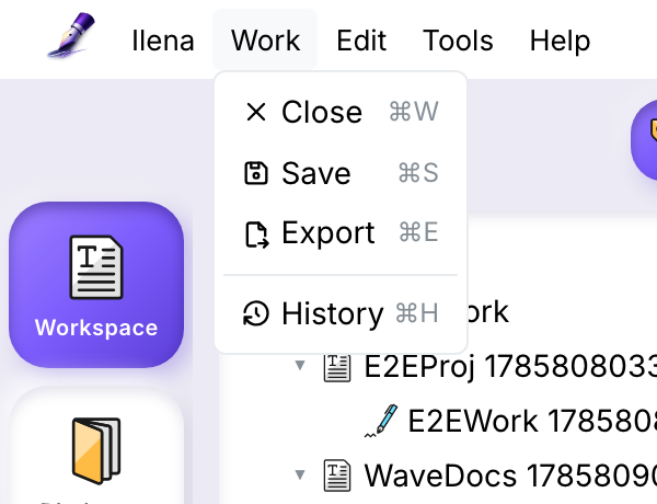 The Work menu with Export enabled once a work is open
