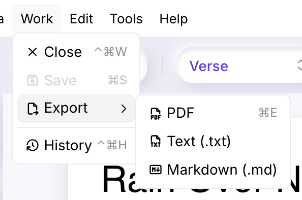 The Work menu open on Export, with its submenu: PDF with the shortcut ⌘E, Text (.txt) and Markdown (.md).