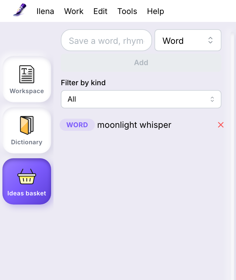 The tool palette with Ideas basket selected, and the drawer open showing a saved word