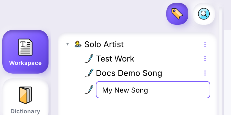 A new, unnamed work row being renamed inline in the workspace tree