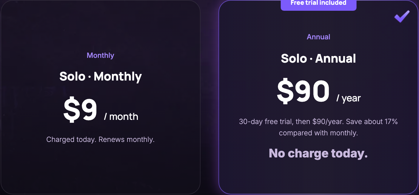 The billing-cycle step, showing Solo Monthly at $9 per month and Solo Annual at $90 per year with a 30-day free trial