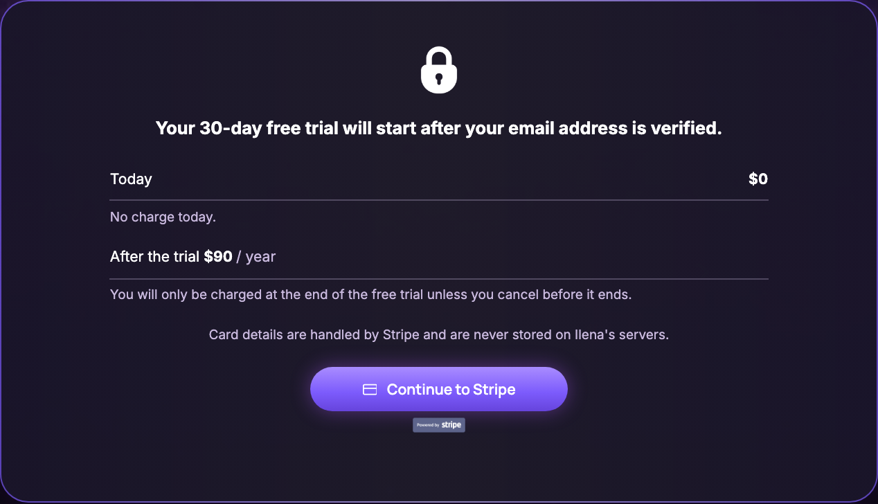 The secure payment step, showing today's charge, what happens after the trial, and the Continue to Stripe button