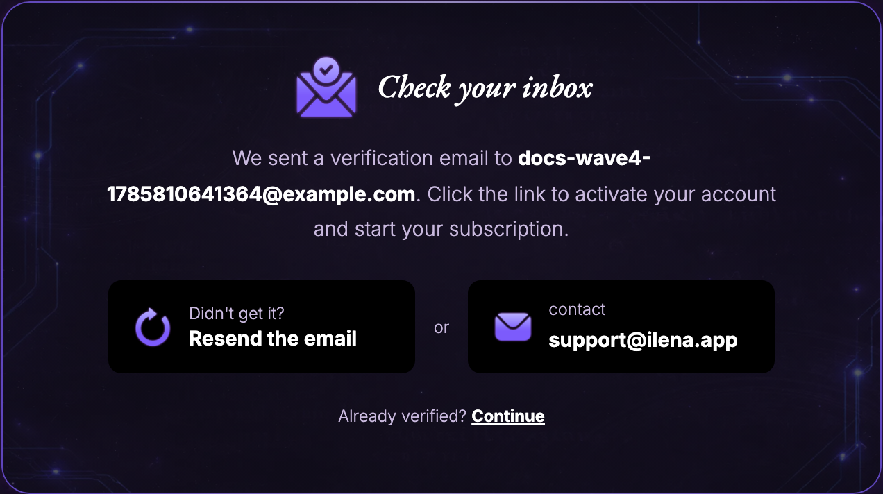 The check-your-inbox step, confirming a verification email was sent and offering to resend it or contact support