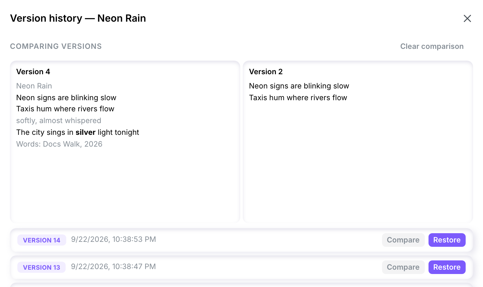 Comparing versions: Version 4, with a title and five lines, beside Version 2, which holds only the first two lines.