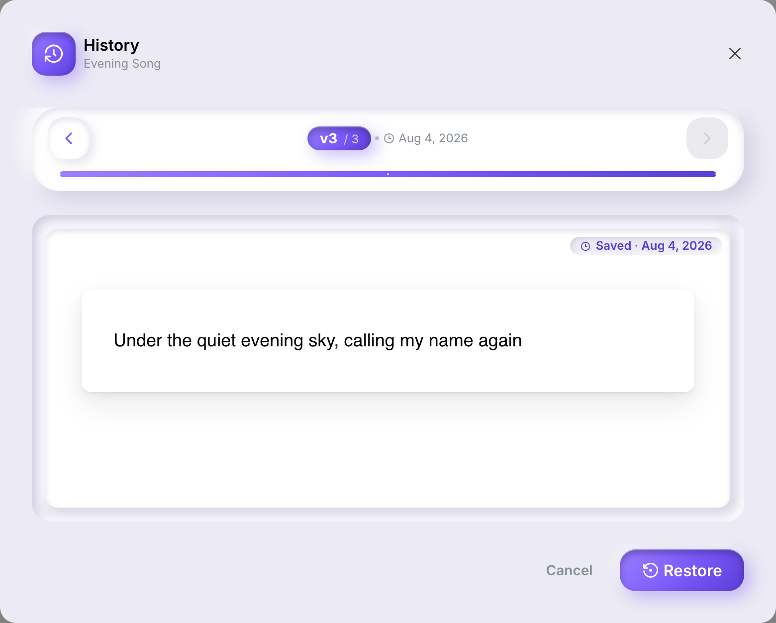 The History dialog showing version 3 of 3, its save date, its content, and Restore and Cancel buttons