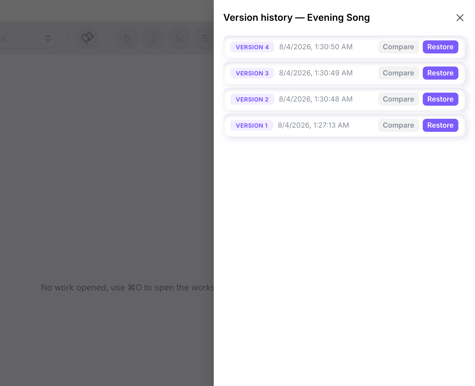 The version history panel listing four versions of a work, each with Compare and Restore buttons