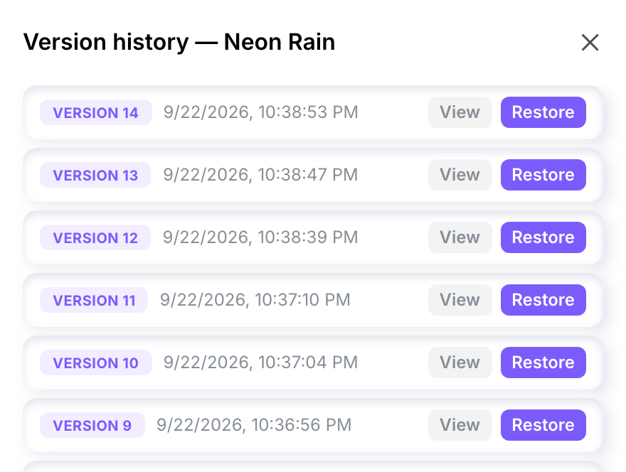 The Version history panel of a work, listing its versions newest first, each with its date and time, a View button and a Restore button.