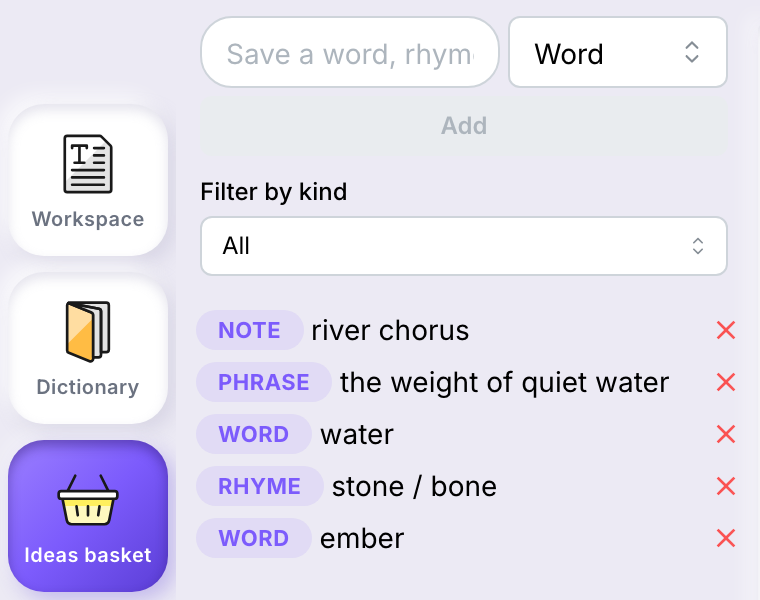 The ideas basket open beside the tool palette: the entry field, the Kind list, Add, Filter by kind, and five ideas labelled Note, Phrase, Word and Rhyme.