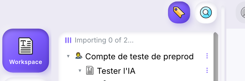 The workspace tree with the line “Importing 0 of 2…” above it, while an import runs.
