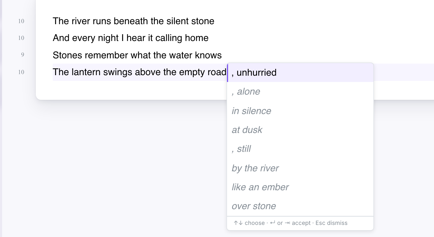 A list of possible line endings open below the cursor, the first one highlighted, with the reminder of the keys at the bottom.