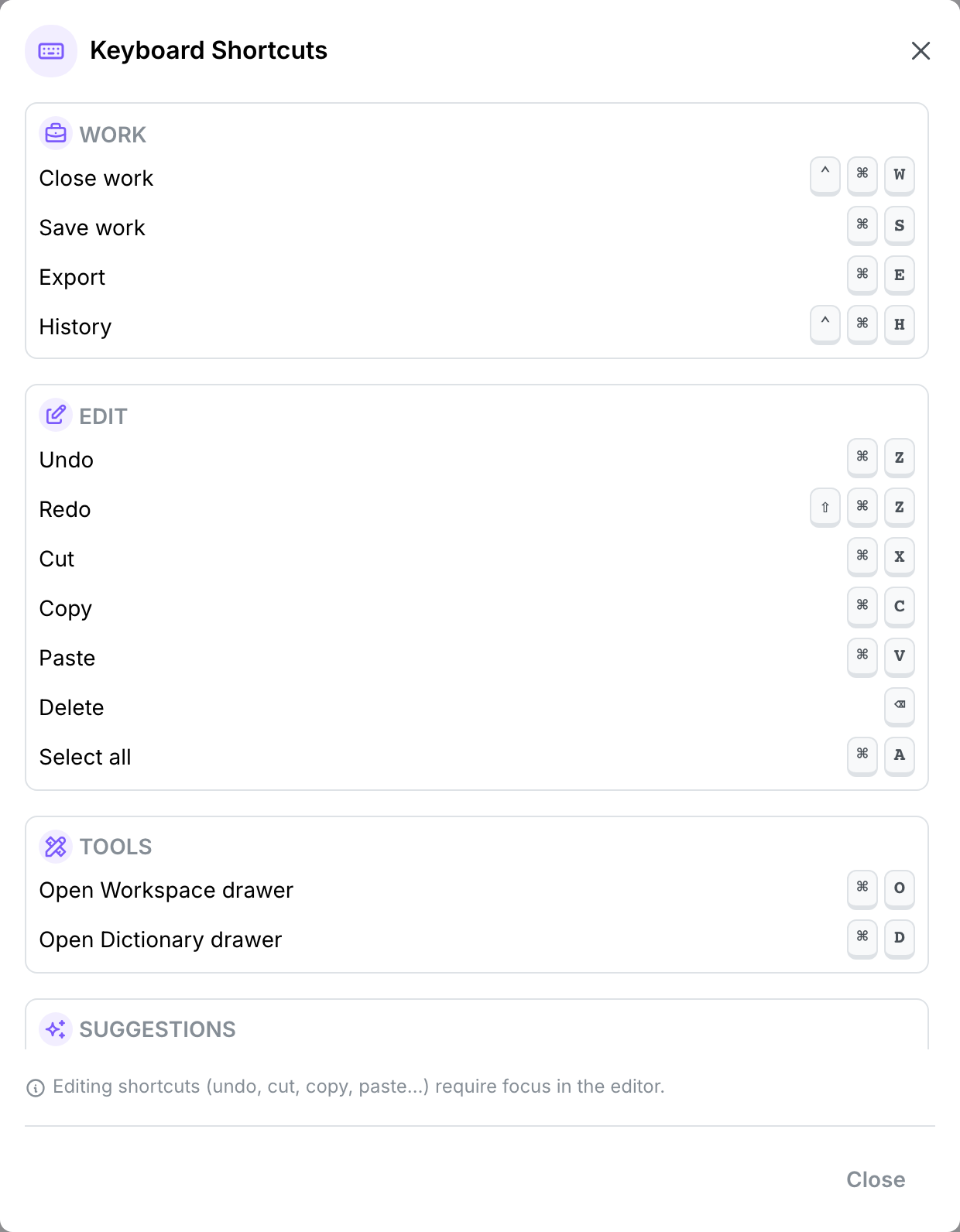 The in-app Keyboard Shortcuts dialog, showing the Work, Edit and Tools categories, with the top of Suggestions below the fold