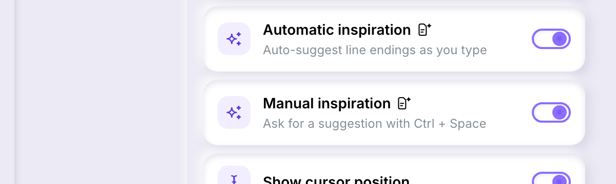 The Automatic inspiration and Manual inspiration toggles in Settings, each marked with a small generated-content badge
