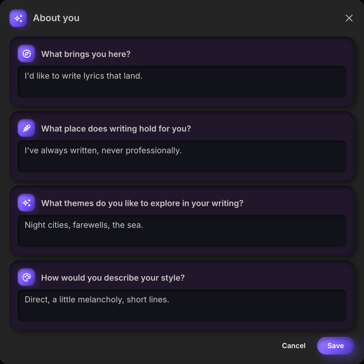The About you dialog, each of the four questions on its own card with an icon: what brings you here, what place writing holds, favorite themes, and personal style