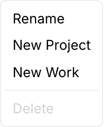 The author node's context menu: Rename, New Project, New Work, and a disabled Delete