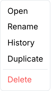A work's context menu: Open, Rename, History, Duplicate, and Delete