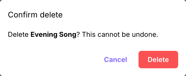 The confirm delete dialog, naming the work and warning that this cannot be undone