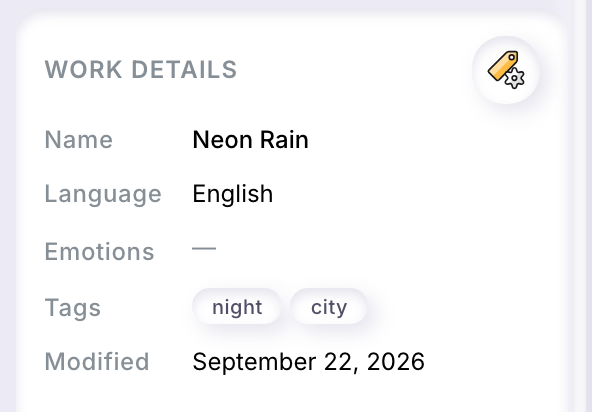 The Work details card of a selected work: Name, Language, Emotions, Tags and Modified, with the Edit details button in its corner.