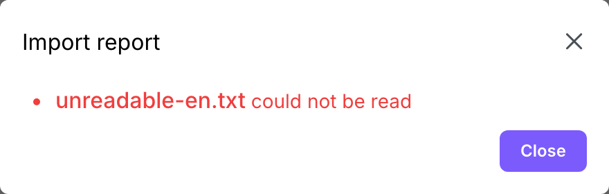The import report dialog, listing one file that could not be read