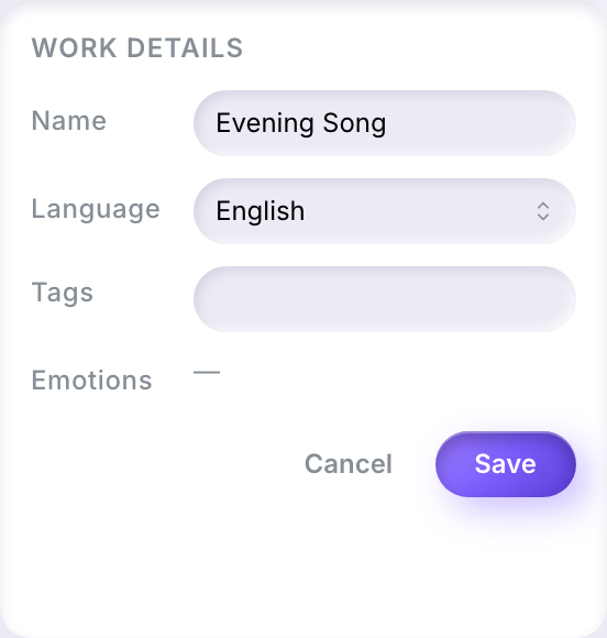The Work details card in edit mode, with editable Name, Language, and Tags fields, and Save and Cancel buttons