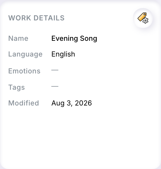 The Work details card showing Name, Language, Emotions, Tags, and Modified date