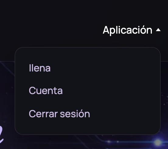 El menú Aplicación abierto en el encabezado del sitio, con Ilena, Cuenta y Cerrar sesión.