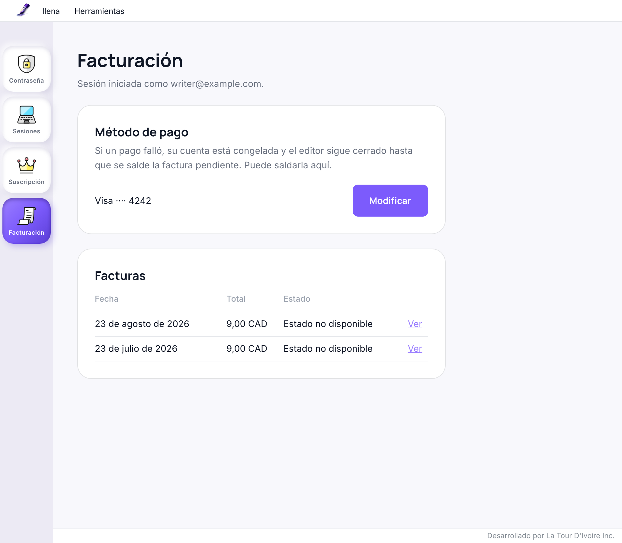 La sección Facturación de la página de cuenta, mostrando la etiqueta del método de pago con un botón Modificar, y una tabla de facturas con fecha, total y estado con un enlace Ver